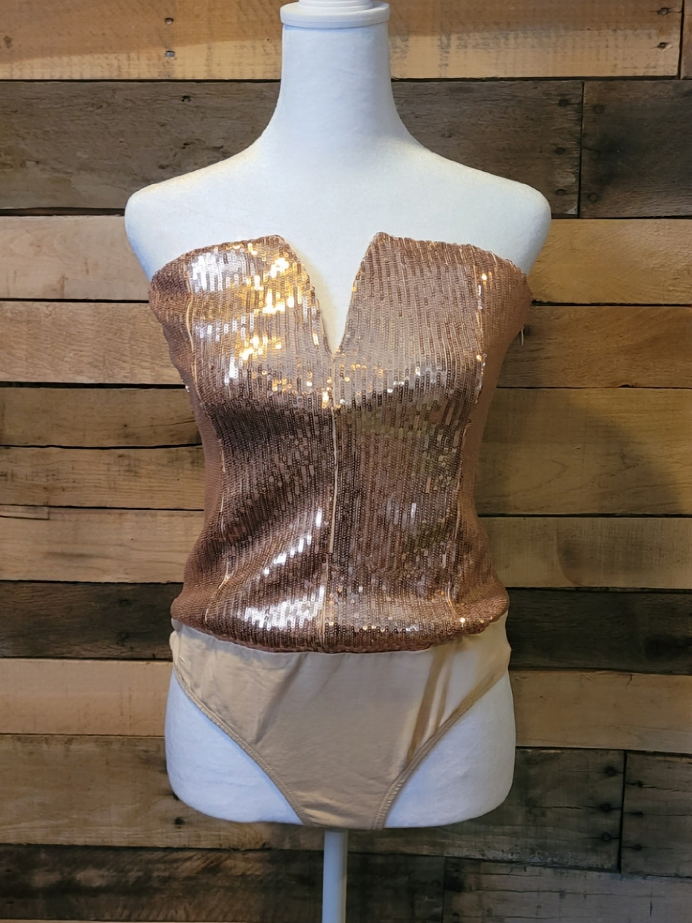 Lulu's Rose Gold Sequin Strapless V-Notch Bodysuit